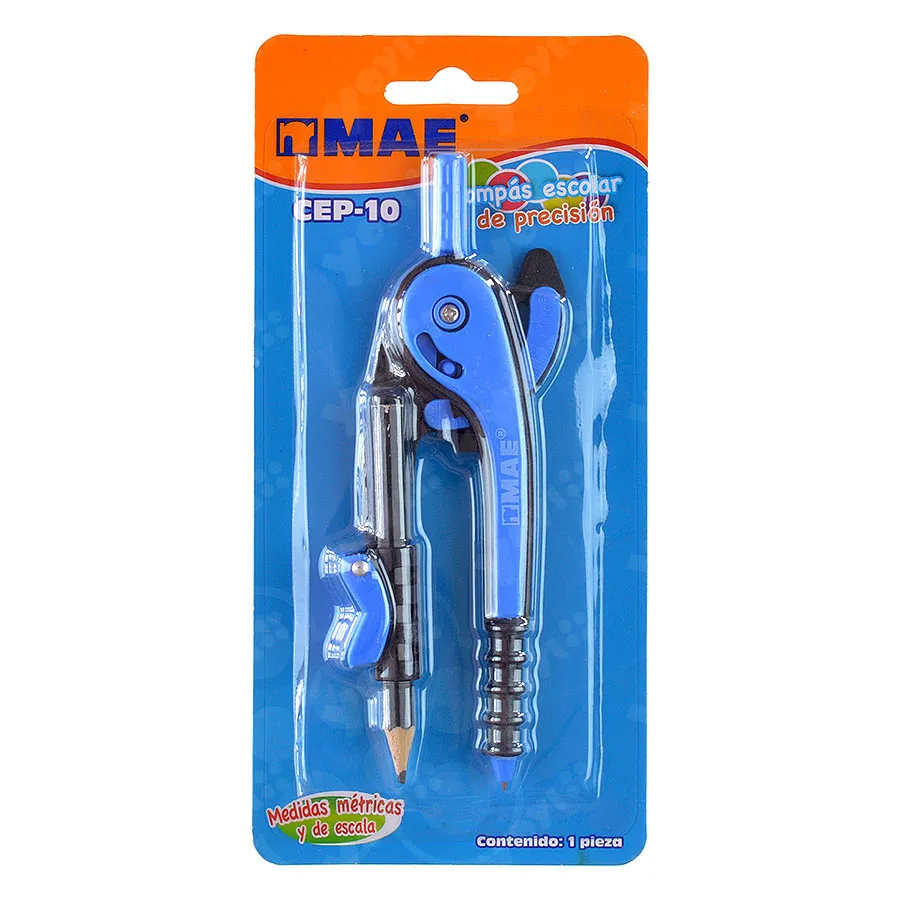 Compás escolar de plástico azul marca MAE modelo CEP-10 con adaptador de tornillo para lápiz y escala métrica integrada (1).webp