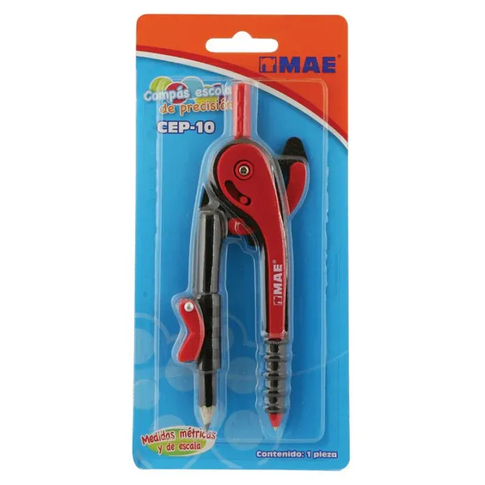 Compás escolar de plástico azul marca MAE modelo CEP-10 con adaptador de tornillo para lápiz y escala métrica integrada (2).webp