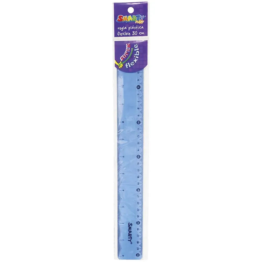 Regla escolar de plástico flexible e irrompible de 30 cm marca Smarty en colores translúcidos azul, morado y verde (2).webp