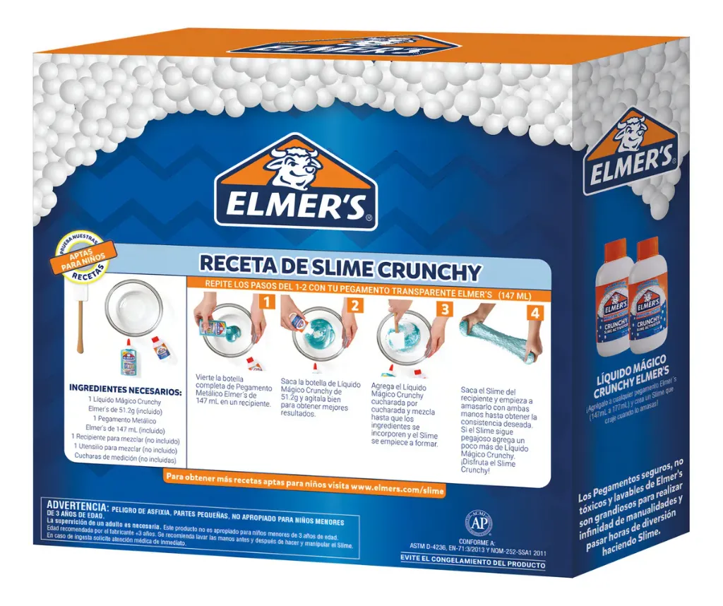 Caja del Kit de Slime Crunchy marca Elmer's con pegamento metálico turquesa y activador con bolitas de espuma (3).webp