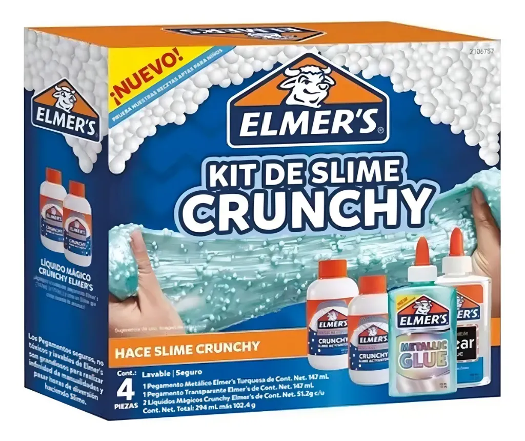 Caja del Kit de Slime Crunchy marca Elmer's con pegamento metálico turquesa y activador con bolitas de espuma (2).webp