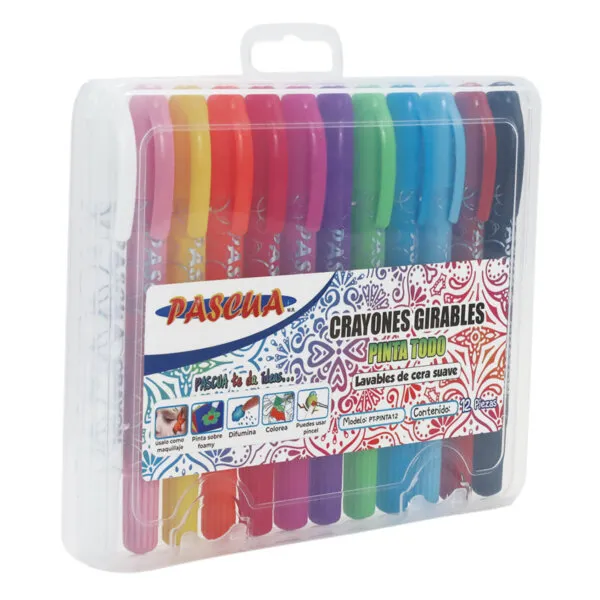 Estuche de 12 crayones girables Pascua Pinta Todo modelo PT-PINTA12 para uso como maquillaje, acuarela y sobre foamy (3).webp