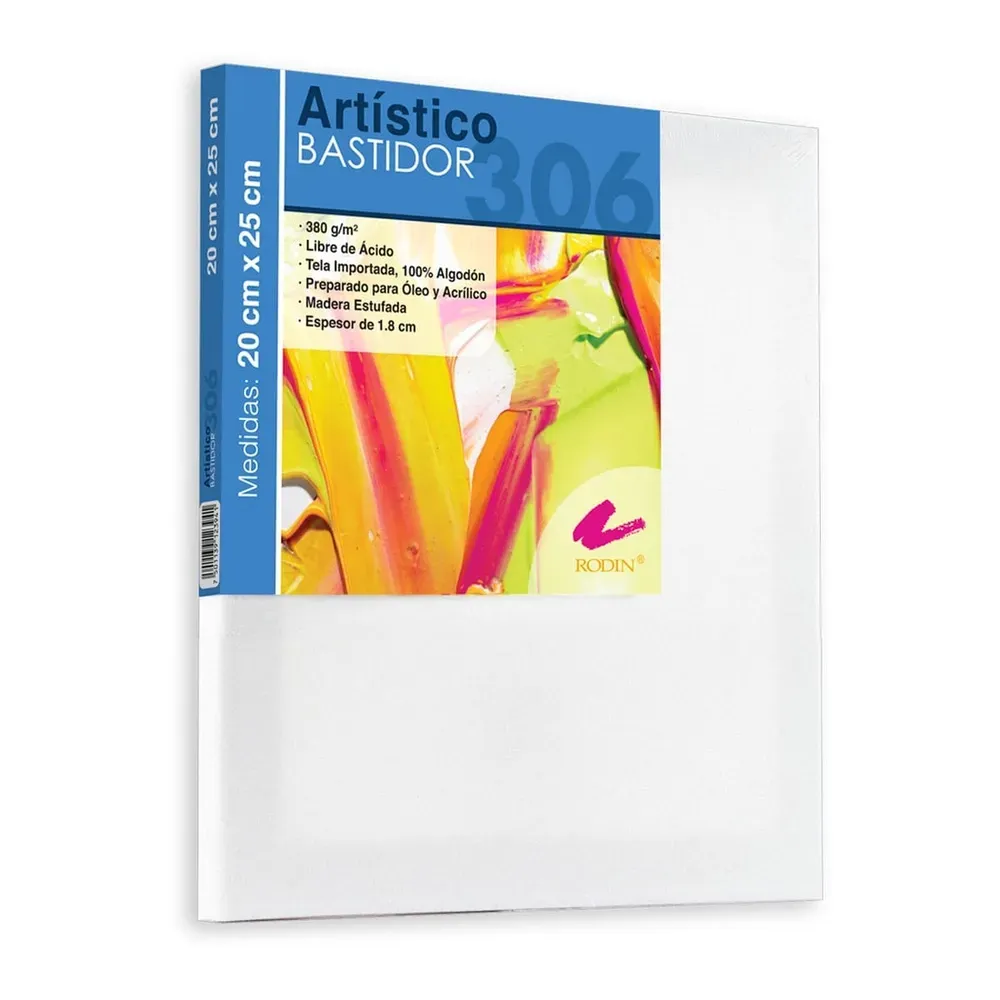 Bastidor artístico para pintar marca Rodin línea 306 medida 20x25 cm de tela 100% algodón sobre marco de madera estufada.webp