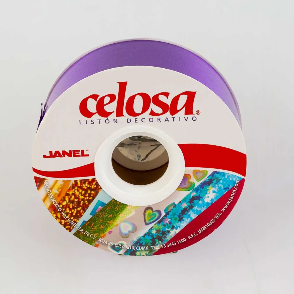 Rollo de listón decorativo marca Janel línea Celosa color morado liso brillante tamaño número 9 con 50 metros de largo (3).webp