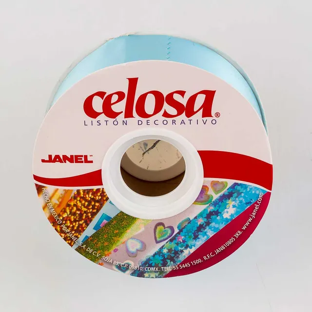 Rollo de listón decorativo para moños marca Janel línea Celosa color Azul Pastel liso brillante tamaño número 9 con 50 metros (4).webp