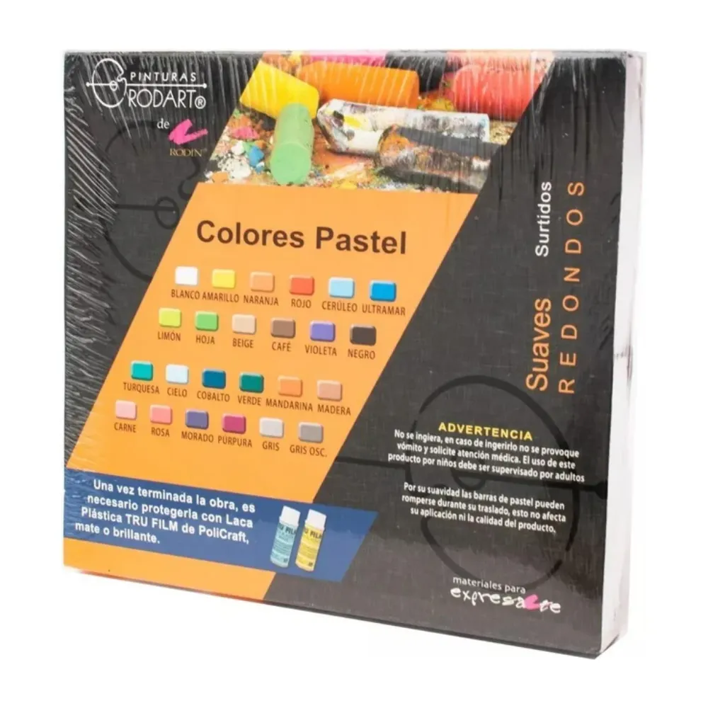 Caja de 24 barras redondas de gises pastel suaves profesionales marca Pinturas Rodart de Rodin mostrando la gama de colores 02.webp