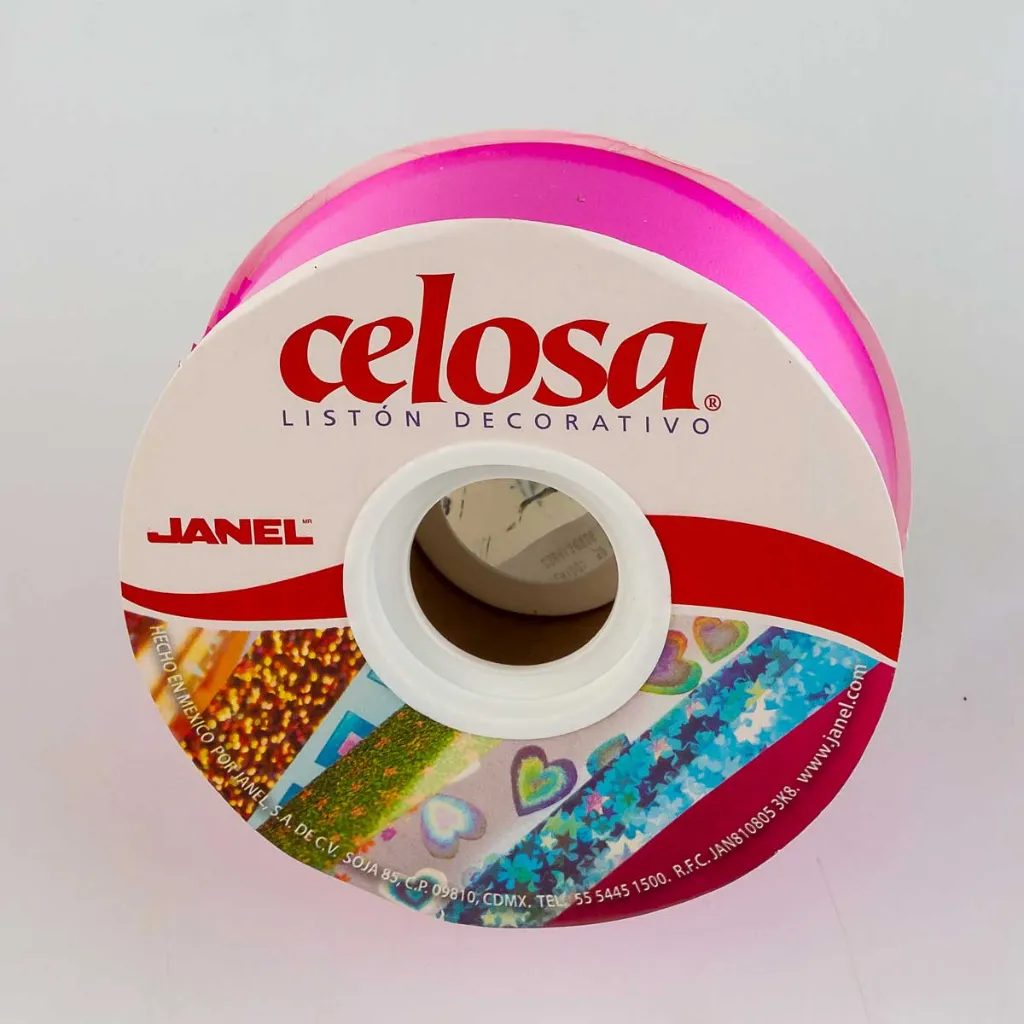 Rollo de listón decorativo marca Janel línea Celosa color Solferino o Fiusha liso brillante tamaño número 9 con 50 metros (4).webp