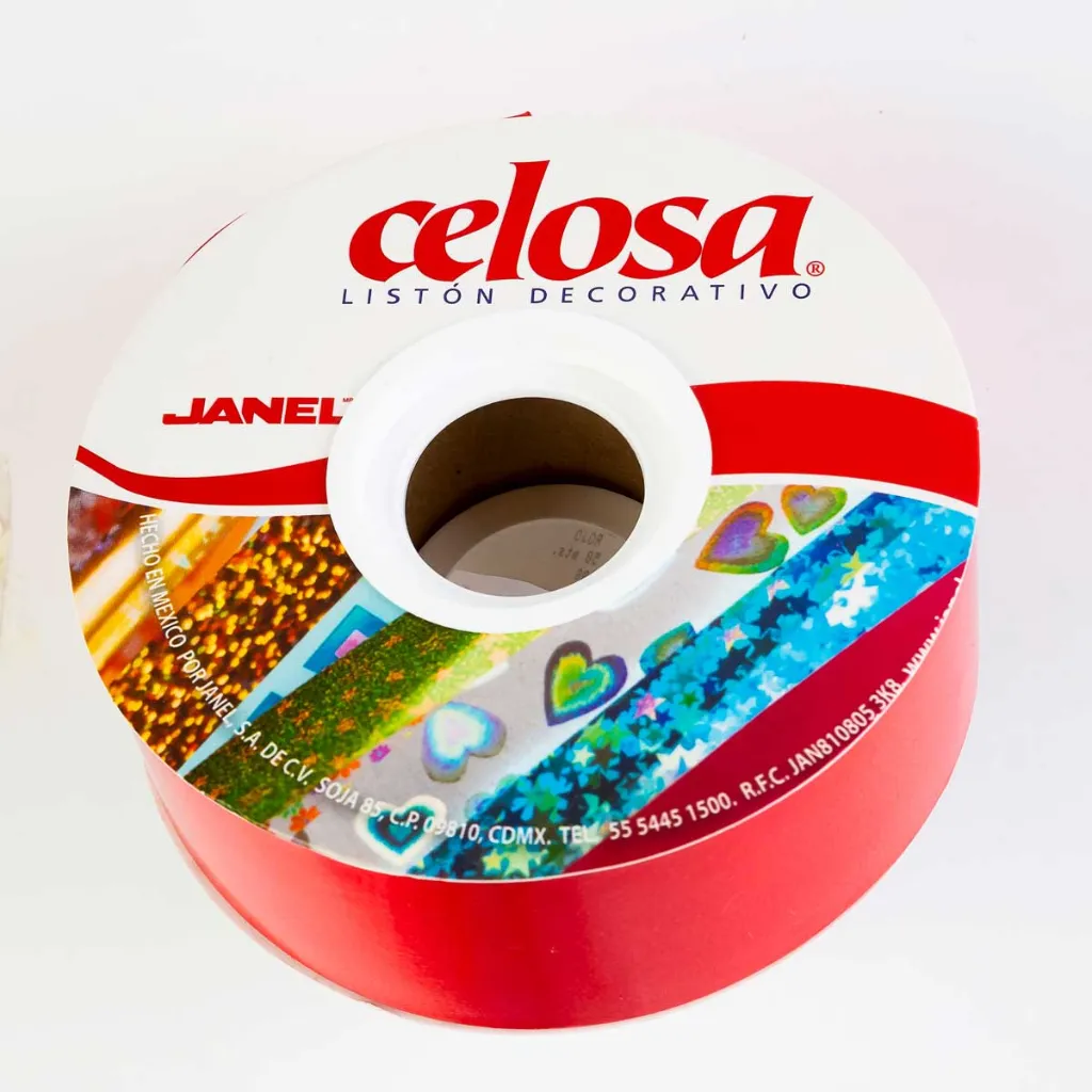 Rollo de listón decorativo clásico marca Janel línea Celosa color Rojo liso brillante tamaño número 9 con 50 metros.webp