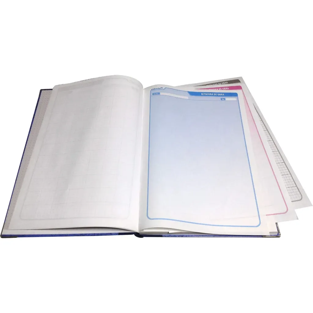 Hojas interiores de Bitácora de Obra Estrella con formato impreso y folios con bordes de colores para registro de construcción.webp