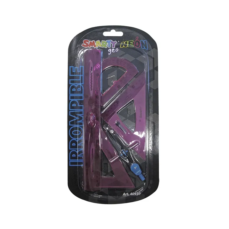Blíster de Juego de Geometría escolar irrompible y flexible marca Smarty Neón con compás de precisión (2).webp