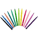 Marcadores escolares Kiut de 12 colores destapados mostrando su doble punta de pincel y fina en forma de abanico.webp