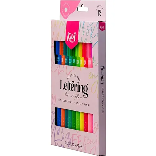 Caja de Marcadores Lettering marca Kiut doble punta pincel y fina con 12 piezas colores surtidos (2).webp