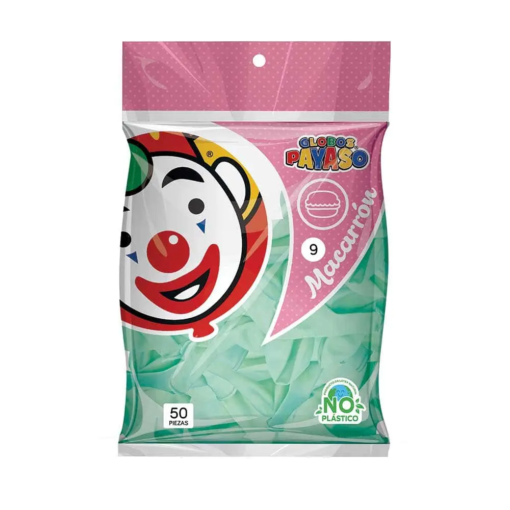 [VKS-00060315] Globos Payaso Macarrón Menta Número 9 Bolsa con 50 piezas