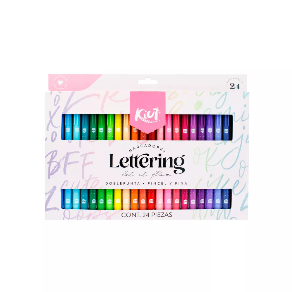 [7702111603476] Marcadores Lettering Kiut Doble Punta - 24 Colores (Pincel y Fina)