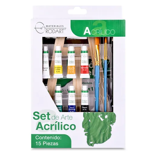 Set de Arte Acrílico con 15 Piezas (8 Acrílicos, 2 Pinceles, 1 Lápiz HB, 1 Cartón con Tela, 1 Sacapuntas, 1 Goma y 1 Caballete) Rodart