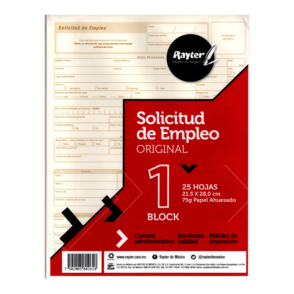 [VKS-05820040] Block Solicitud de Empleo Tamaño Carta con 25 Hojas Rayter