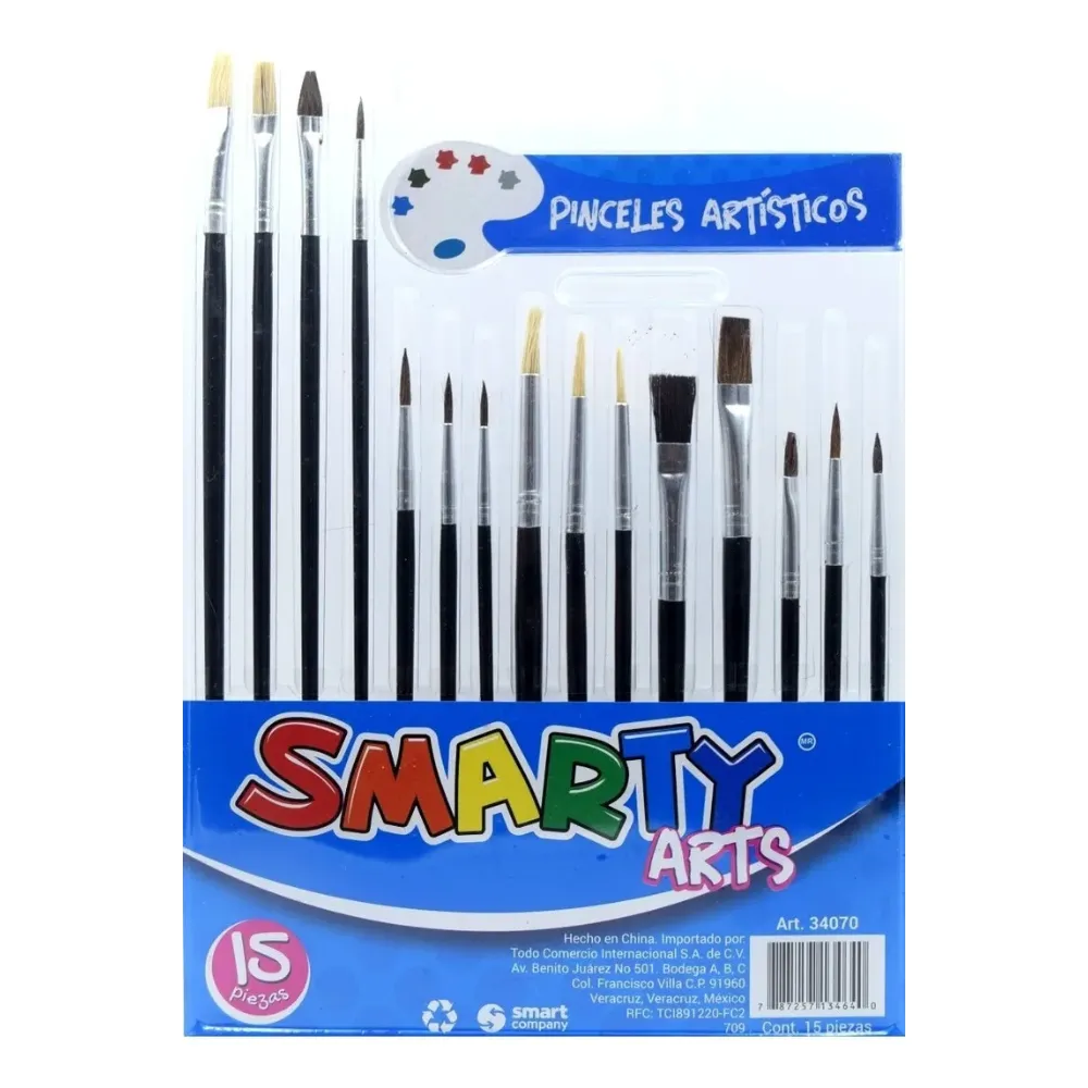 [VKS-07010046] Set de Pinceles Escolares Smarty - 15 Piezas de Plástico (Modelo 34070)