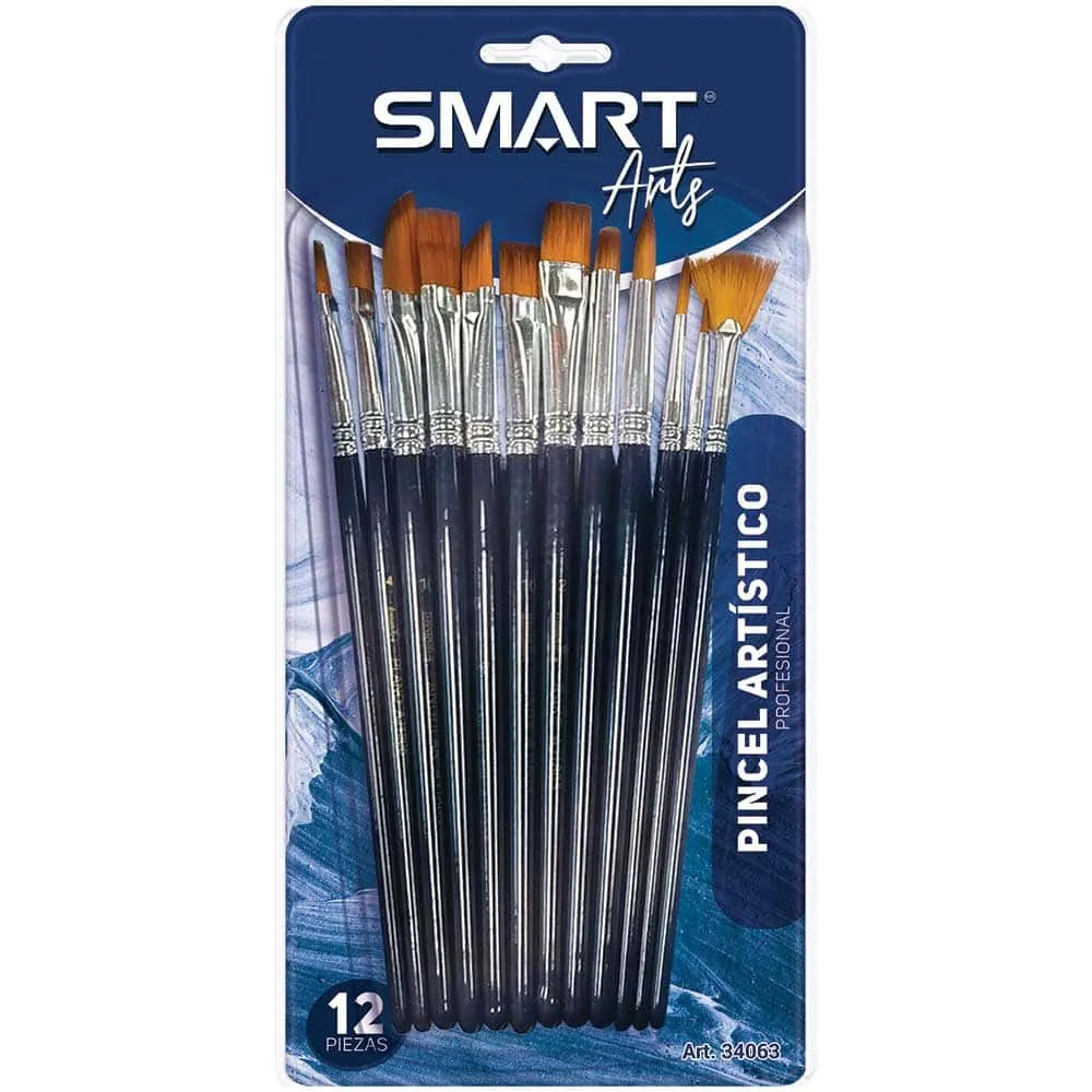 Set de 12 Pinceles Profesionales Smart Arts - Surtido Mixto (Abanico, Angular, Plano) 34063