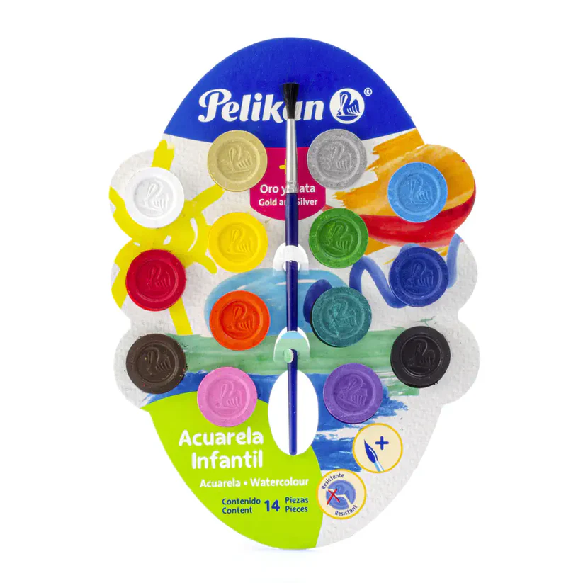 [VKS-02370002] Acuarelas Infantiles Pelikan - 12 Pastillas Brillantes con Pincel (Escolar)