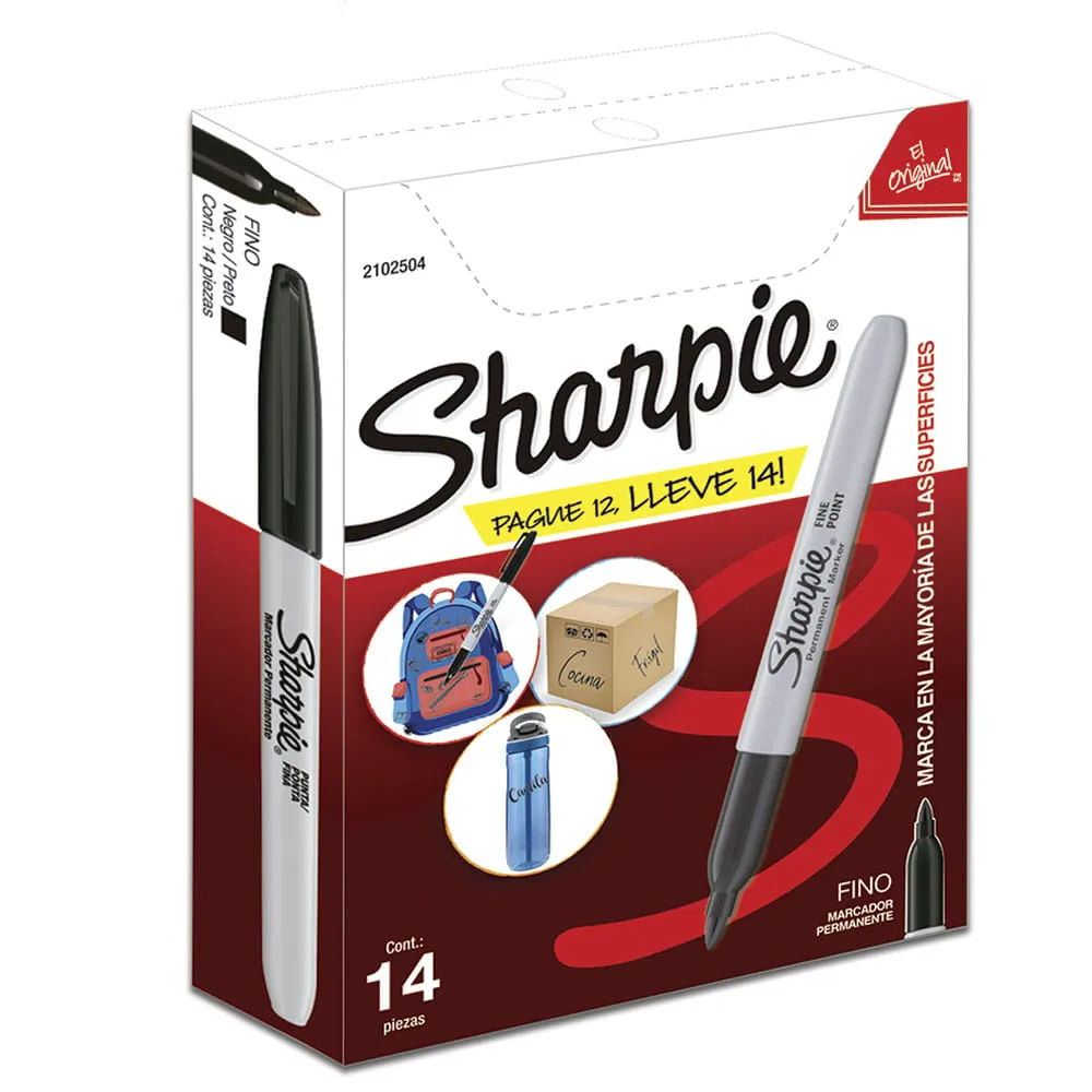 Caja Marcadores Sharpie Negro Punta Fina - 14 Piezas